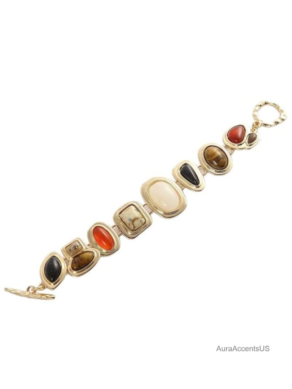 Vintage Bohemian Stone Link Cuff Bracelet for Women Gold Tone Toggle Clasp